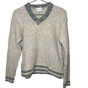 Kamali Womens Sz L Wool Blend V Neck Sweater Beige Gray